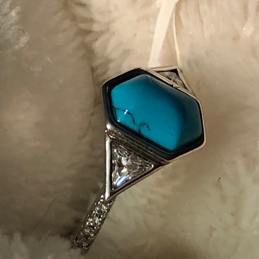 Silvertone CZ & faux turquoise ring, size 9